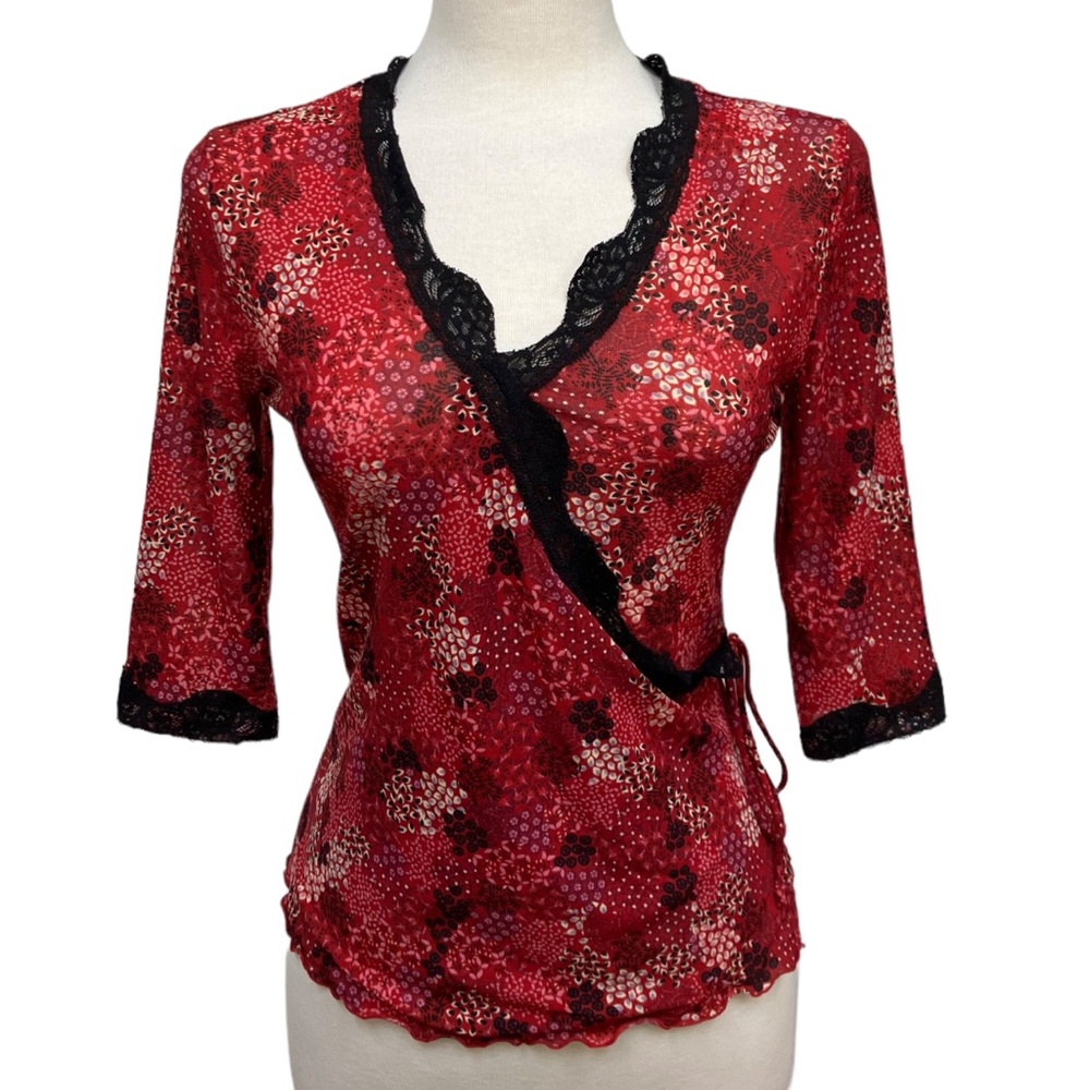 VINTAGE Y2K Ideology Print Faux Wrap Stretch Top Black Lace Women’s Medium
